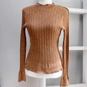 Worthington VTG Gold Metallic Ribbed Stretchy Mock-Neck Long Sleeve Top Sz XL
